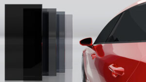red car with a showcase of different levels of tint beside it