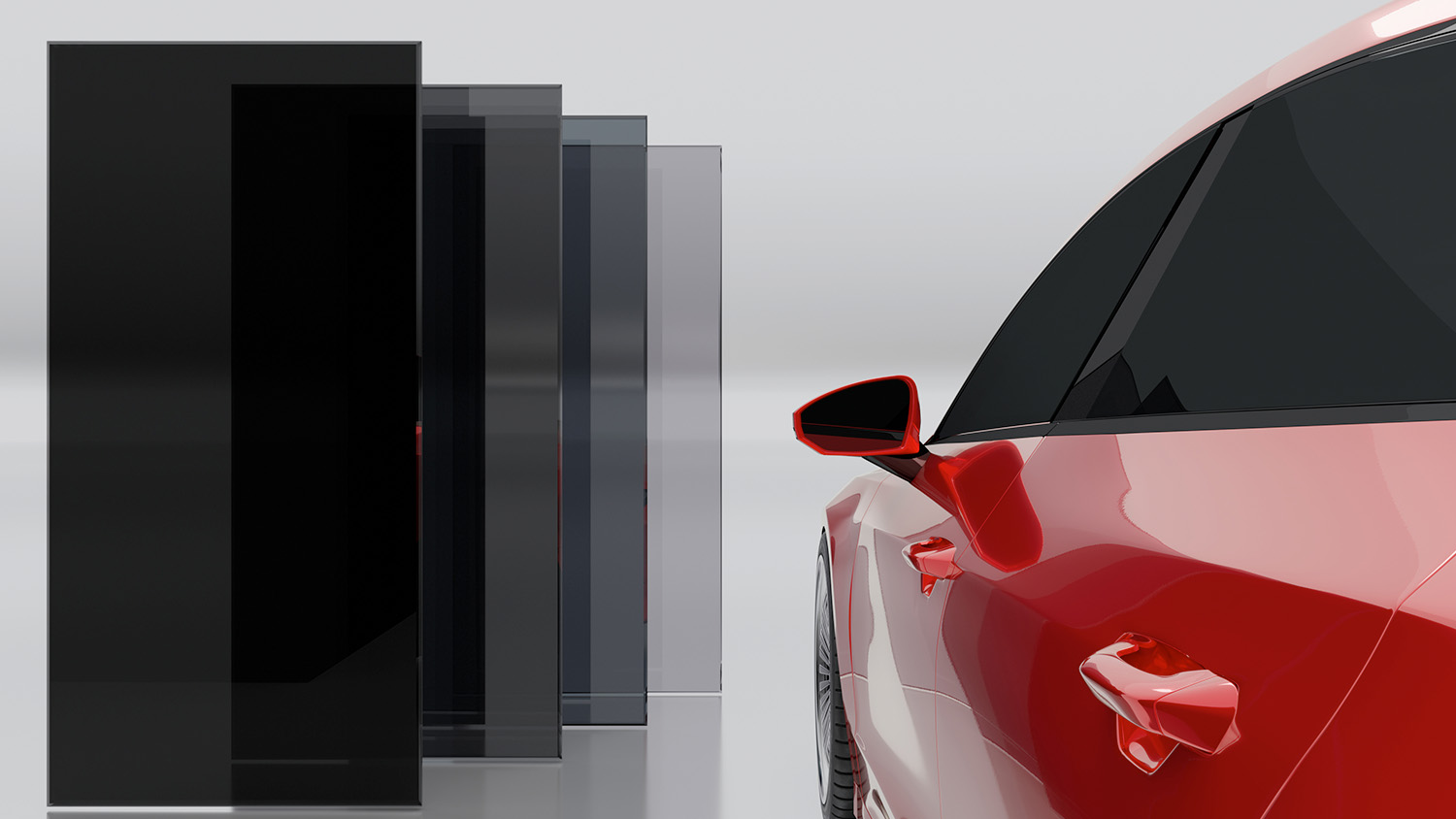 red car with a showcase of different levels of tint beside it