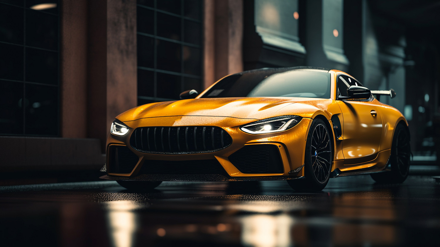 Yellow luxury car in the streets