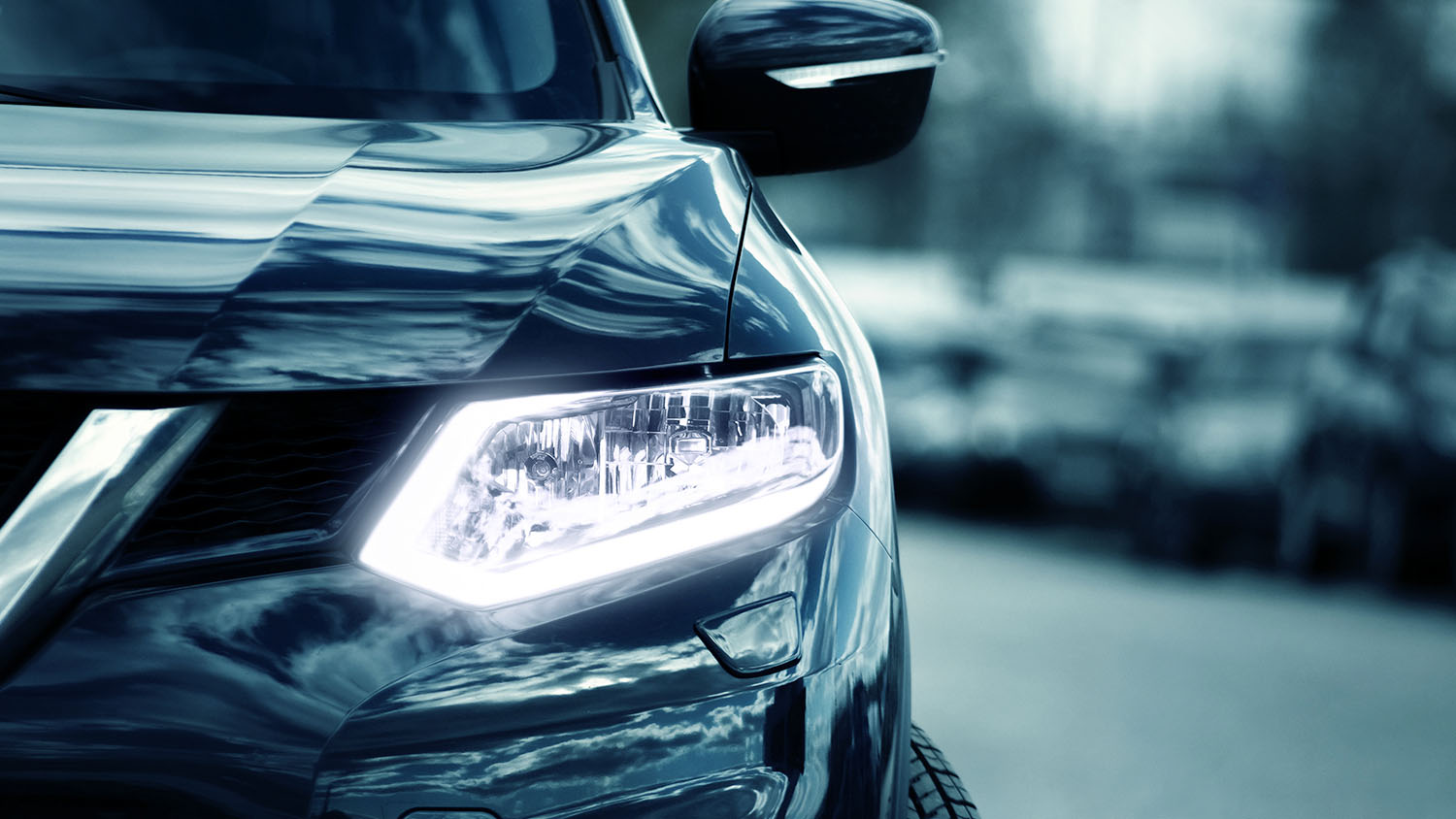 Head lamp and grill of black car
