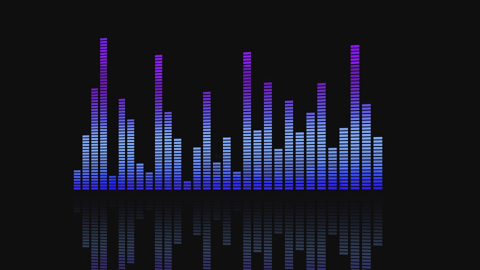 Représentation graphique d'un égaliseur audio, sur fond noir.