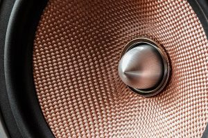 A car speaker with a copper-coloured cone sits outside its enclosure.